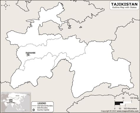 Tajikistan Outline Map | Tajikistan Outline Map with State Boundaries