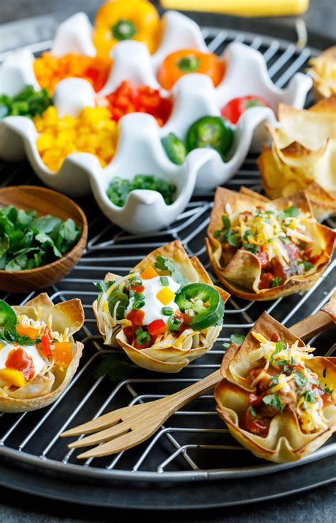 Vegetarian Wonton Taco Cups With Topping And Garnish Wonton Taco Cups