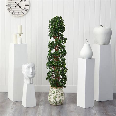 58” English Ivy Topiary Spiral Artificial Tree In Floral Print Planter