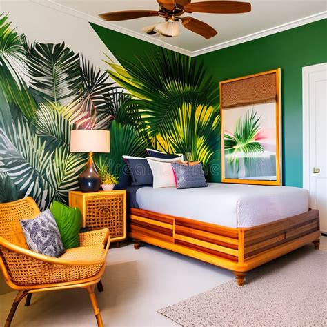 A Tropical-themed Bedroom with Palm Leaf Wallpaper, Bamboo Furniture ...