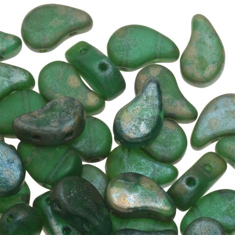 Czech Glass 2 Hole Paisley Duo Beads 8x5mm Emerald Matte Rembrandt