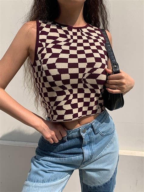 Emmiol Free Shipping Checkered Print Crop Tank Top Brown S In Tank