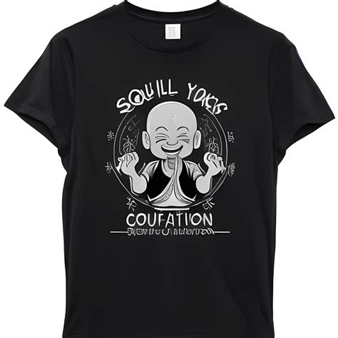 Black T-Shirt with Joyful Monk Cartoon Playful Text and Positive