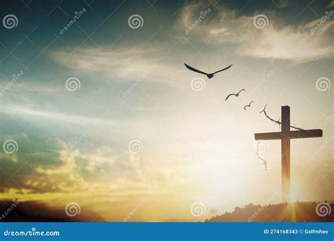 Cross Of Jesus Christ Break Barrier Wire On Calvary Sunset Background