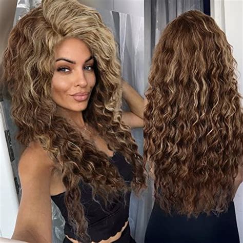 Gnimegil Long Wavy Wig For White Women Brown Mix Blonde Ombre Curly Wig With Loose