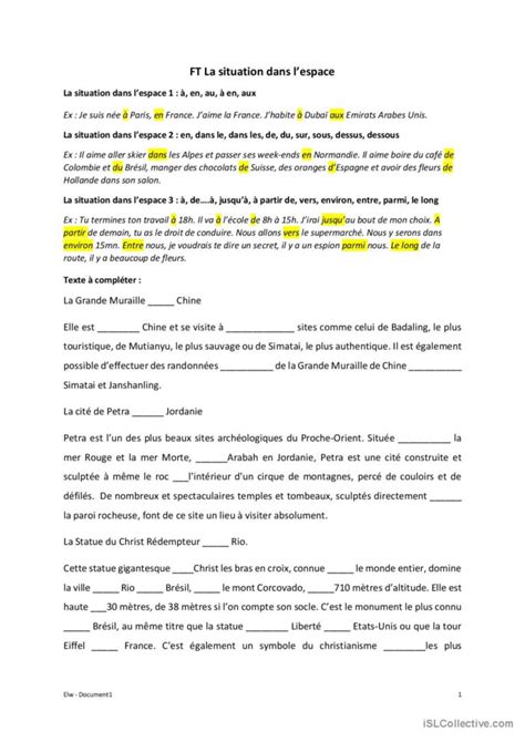 FT Situations dans l espace Texte à Français FLE fiches pedagogiques