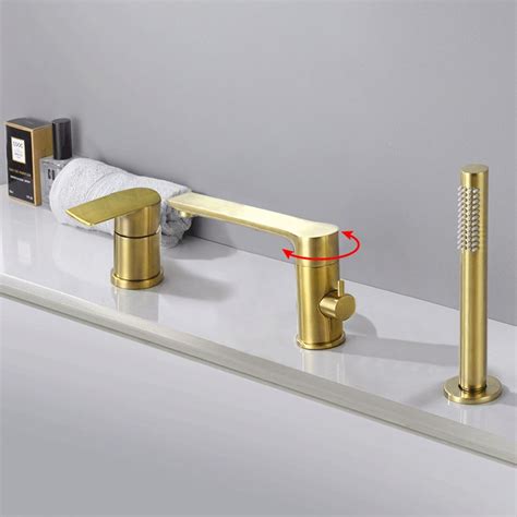 Brushed Gold Deck Mount 3 Hole Bath Filler Tap With Handshower Solid