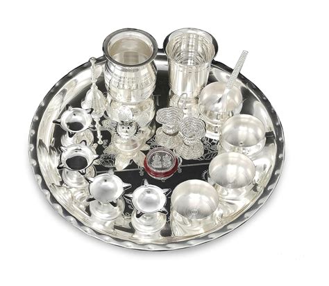 BENGALEN Diwali Gifts Pooja Thali Set Silver Plated 12 Inch With Puja