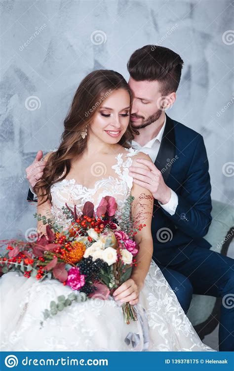 Wedding Couple Indoors Is Hugging Each Other Beautiful Model Girl In