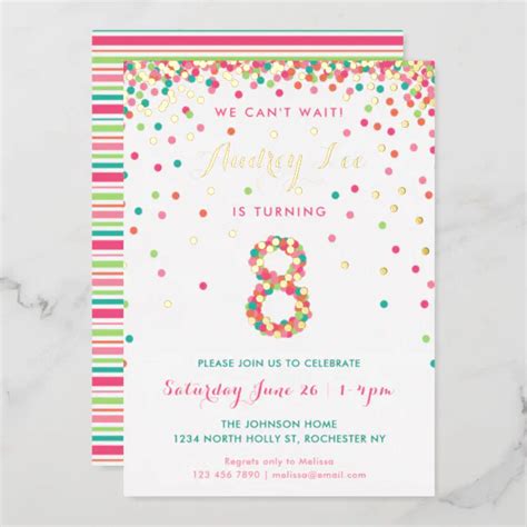 Real Foil 8th Birthday Invitations, Pink Confetti Foil Invitation | Zazzle