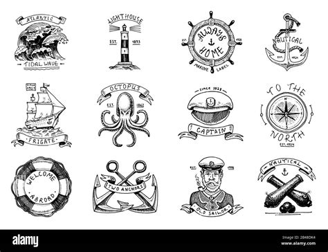 Marine And Nautical Emblems Set Of Engraved Vintage Hand Drawn Old Sea Ocean Labels Or Badges