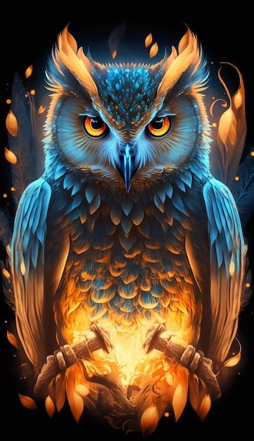 Premium Ai Image A Blue Owl With A Burning Fire On Its Wings