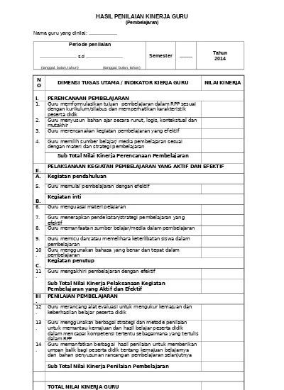 4 Format Standar Pendidik Dan Tenaga Kepen 4 Evaluasi Penilaian 1strumen Pkg Mapel Form