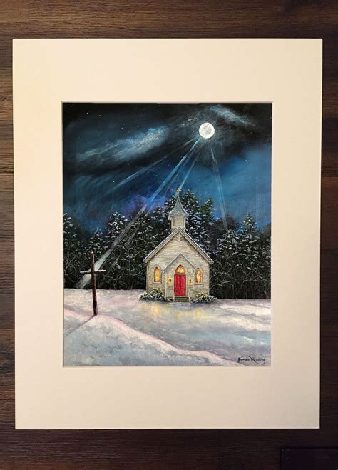 Church Painting Snow Scene Print Winter Landscape Winter Night Church Cross Moon Painting Snowy ...