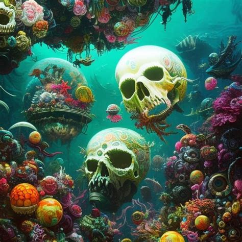 Oceanpunk Skull Life ” Surrounded By Swirling Orbs Glowing