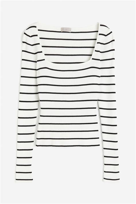 Square Neck Rib Knit Top White Black Striped Ladies Handm Us