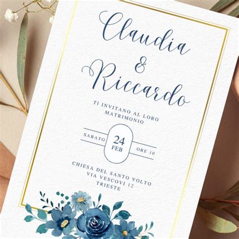 Partecipazioni Matrimonio Blu Con Fiori Inviti Stampabili