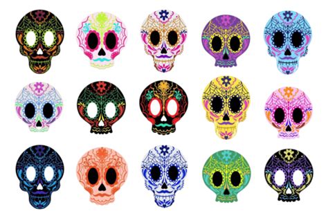 Set Of Dia De Los Muertos Icons Featuring Mexican Sugar Skulls Vector