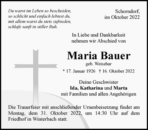 Traueranzeigen Von Maria Bauer Zvw Trauer