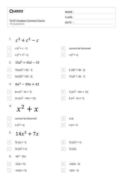 Greatest Common Factor Worksheets For Th Class On Quizizz Free