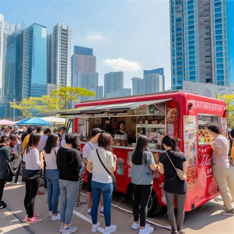 Premium Ai Image People Line Up For Buying Food And Drink In Front Of