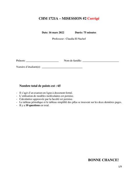 2022 misession 2 corrigé CHM 1721A MISESSION 2 Corrigé Date 16