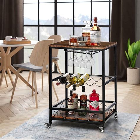 Industrial Bar Carts On Wheels With Wine Rack And Glass Holder 3 Tier Serving Cart Kitchen Club