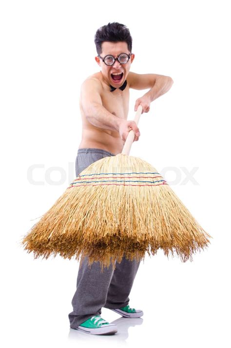 funny man  broom  white stock image colourbox