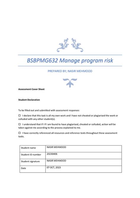 Bsbpmg 632 Student Assessment Tasks 10 06 21 BSBPMG632 Manage Program