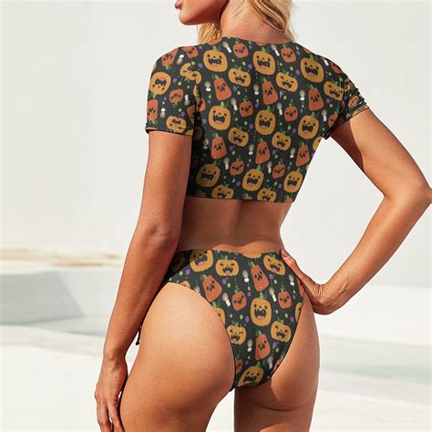 Spooky Halloween Pumpkin Bikini Set Witchy Swimsuit Women S Short