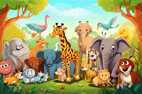 Cartoon Illustration Of A Group Of Wild Animals In The Jungle