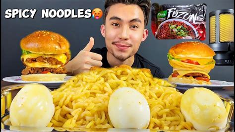 Asmr Eating Korean Spicy Noodles Eggs Zinger Cheese Burger Chicken