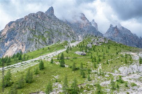 Hiking trails on a mountain in the dolomites Stock Photo | Adobe Stock