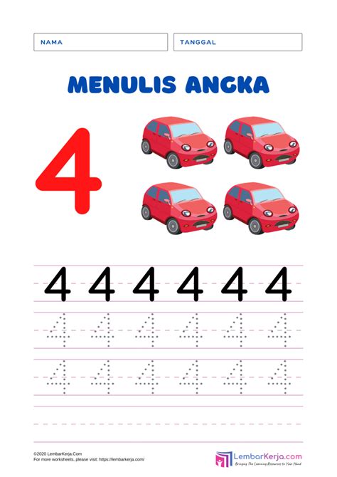 Menulis Angka 4 Seri Transportasi Lembarkerjacom