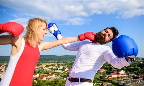 Couple Boxing Gloves Fight Sky Background Henpecked Guy Attacked By