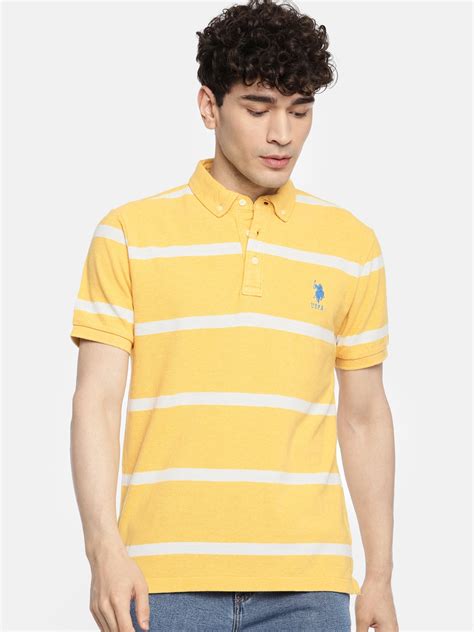 Buy U S Polo Assn Men Yellow White Striped Slim Fit Polo Collar Pure