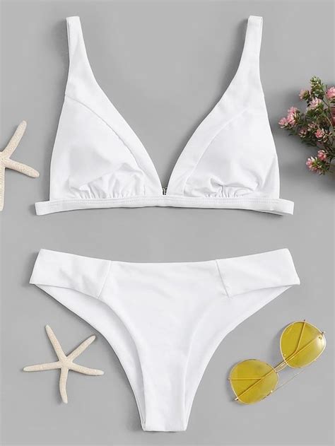 Deep Plunge Top With Seam Bikini Set SheIn Sheinside Bikinis