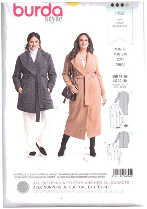 Burda 6394 Coat Size 20 30 Uncut Sewing Pattern