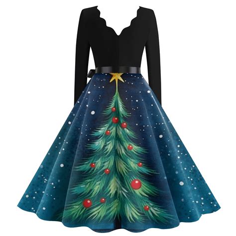 Christmas Dresses For Women Glitter Xmas Tree Print Dress Long Sleeve