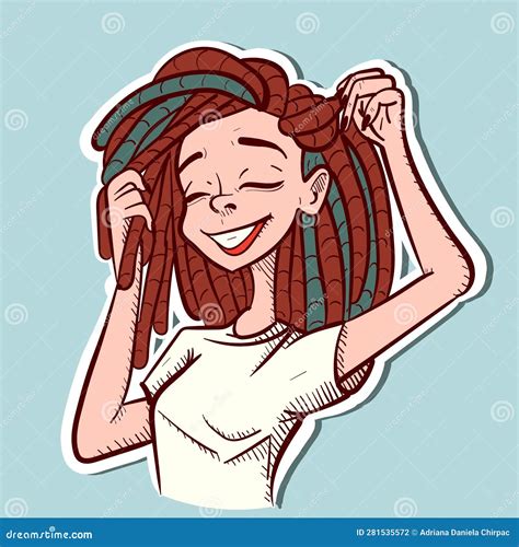 Digital Art Of A Caucasian Woman Touching Her Dreadlocks. Vector Of A Young Happy Girl With ...