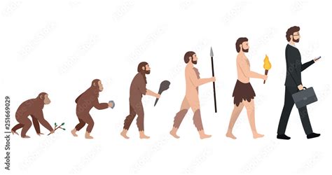 Human evolution. Development from monkey to modern man. Male businessman with a briefcase and ...