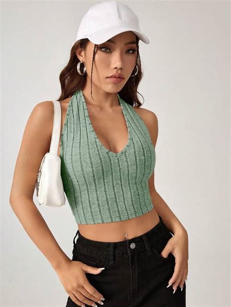 Shein Ezwear Solid Backless Crop Halter Top Shein Usa