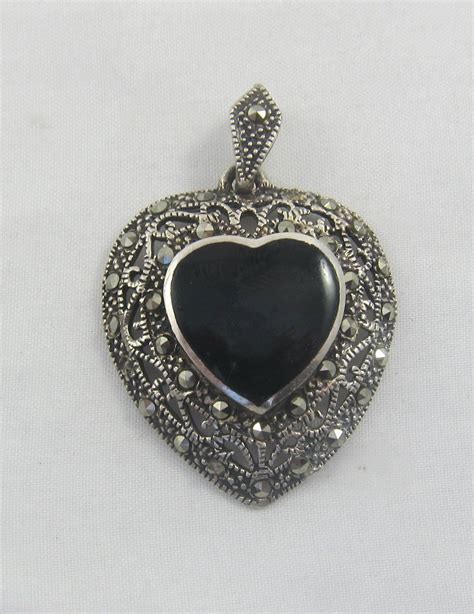 Sterling Silver Filigree Marcasite Black Onyx Heart Pendant Etsy