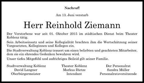 Traueranzeigen Von Reinhold Ziemann Rz Trauer De