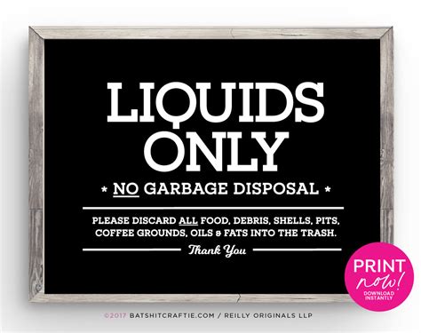 Liquids Only No Garbage Disposal Printable Kitchen Sink Sign Etsy