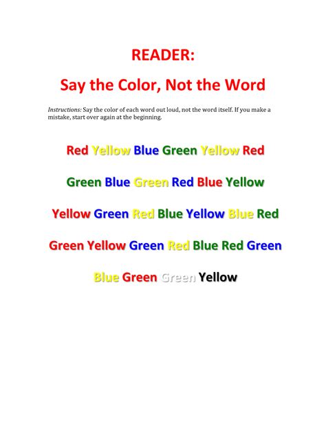 Say The Color Not The Word Handout Reader Say The Color Not The Word Instructions Say The