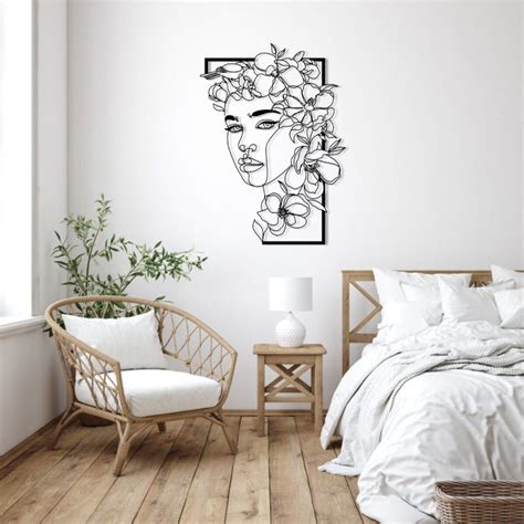 Modern Minimalist Female Line Art Flowers Woman Metal Art Etsy