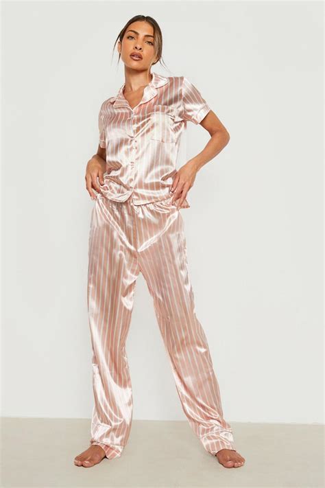 Tonal Candy Stripe Satin Pyjama Trouser Set Boohoo