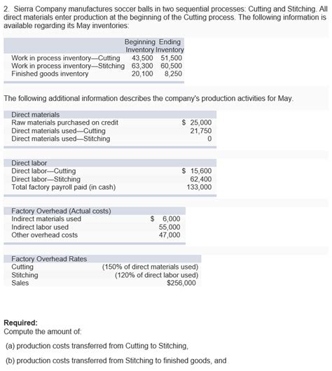 Solved Sierra Company Manufactures Soccer Balls In Two Chegg