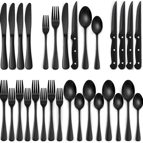 Piece Black Silverware Set With Steak Knives Black Flatware Set For